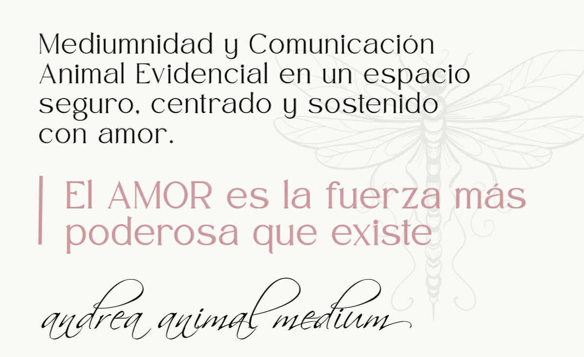 Imagen con texto que dice "El amor es la fuerza más poderosa que existe", seguida del nombre "Andrea, Animal Medium".