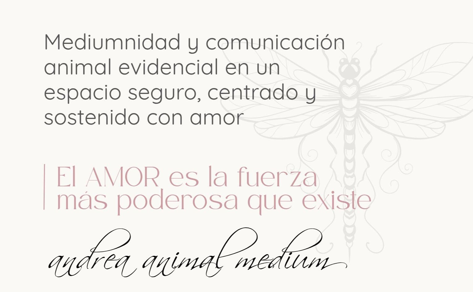 Imagen con texto que dice "El amor es la fuerza más poderosa que existe", seguida del nombre "Andrea, Animal Medium".