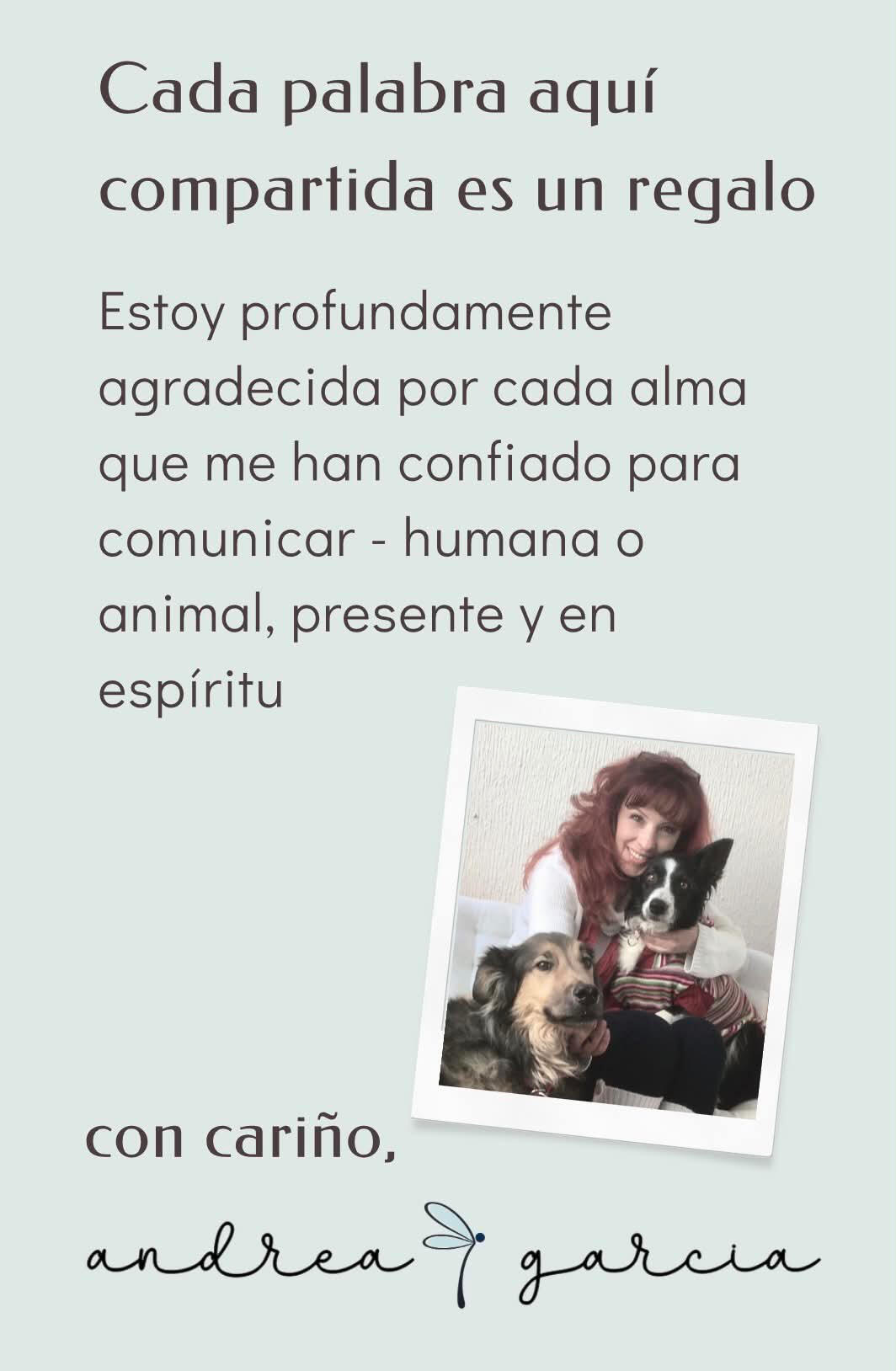 Andrea, retratada con sus amados perros, Balian y Goya — compañeros eternos que ahora la guían desde el plano espiritual, acompañada de una frase que expresa profunda gratitud por cada alma que le han confiado — humana o animal, presente o en espíritu.